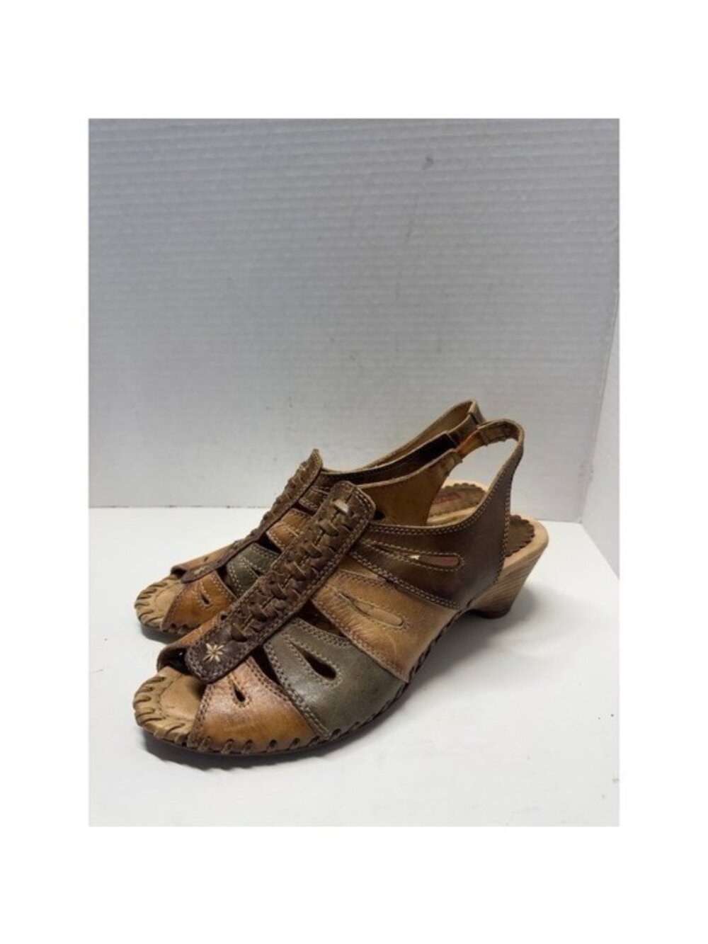 Pikolinos Leather Wedge Sandals Brown Multi Whipstitch Slingback Peep Toe 38 7.5